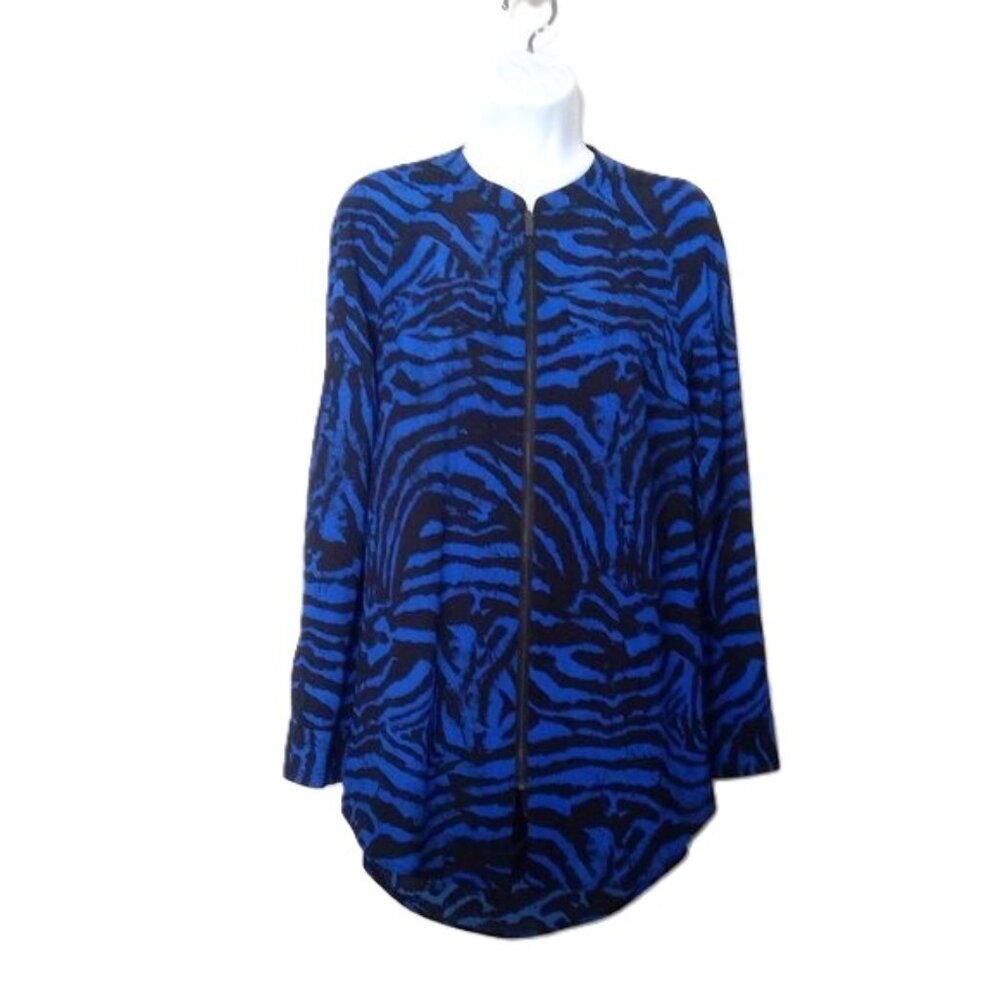 Rock & Republic Top Tunic Zip Front Shacket Zebra Animal Black Blue EUC Sz XS